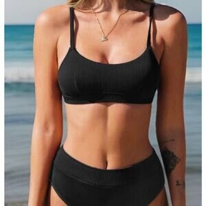 Womens Extra Small 2 Piece Swimsuit Black Ribbed Scoop Neck High Waist Bikini